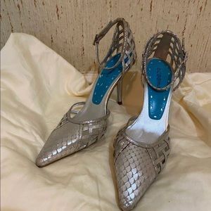 NWOB BCBG Girls faux snake print ankle wrap pumps